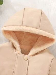 SHEIN 女小童1入組拉鏈開襟連帽加絨內裏外套 - 卡其色 - 查看 6