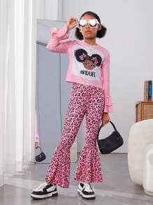 女大童字母人物圖案喇叭袖T恤和豹紋喇叭褲 - 彩色 - 查看 1