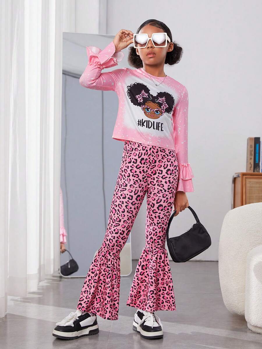 女大童字母人物圖案喇叭袖T恤和豹紋喇叭褲 - 彩色 - 查看 1