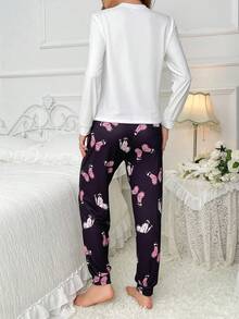 蝴蝶和標語圖案睡衣套裝 - 白色 - 查看 2