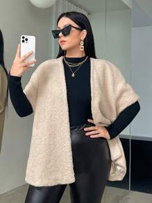 SHEIN Essnce Plus Batwing Sleeve Open Front Teddy Coat Without Knit Top - Apricot - View 1