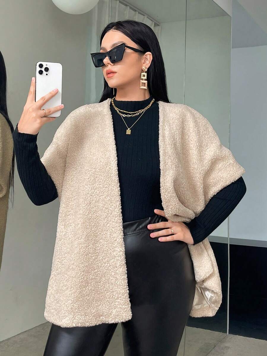 SHEIN Essnce Plus Batwing Sleeve Open Front Teddy Coat Without Knit Top - Apricot - View 1