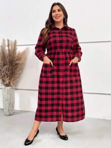 EMERY ROSE Cộng với váy vá túi in họa tiết Gingham - Đỏ - Xem 4