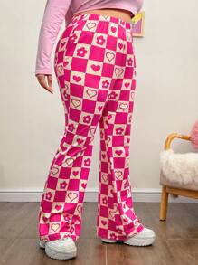 SHEIN EZwear Plus Checker & Heart Print Flare Leg Pants - Multicolor - View 1