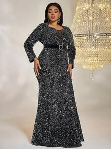Plus Robe Habillée Col trou de serrure À Paillettes - Noir - Voir 4