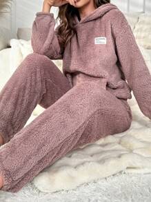 Slogan Patched Pocket Drop Shoulder Flannel Hoodie & Pants Lounge Set Outfit  Cozy And Elegant Details, Fall Winter Clothes, Fluffy Pajama - Mauve Purple - View 4