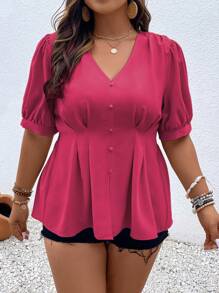 SHEIN LUNE Áo Peplum xếp ly tay bồng Plus - Màu Hồng Tươi - Xem 5