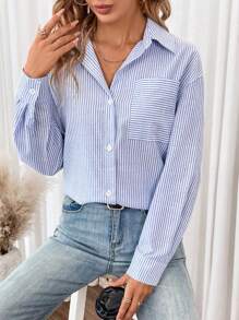 SHEIN Frenchy 條紋印花落肩襯衫 - 淺藍色 - 查看 1