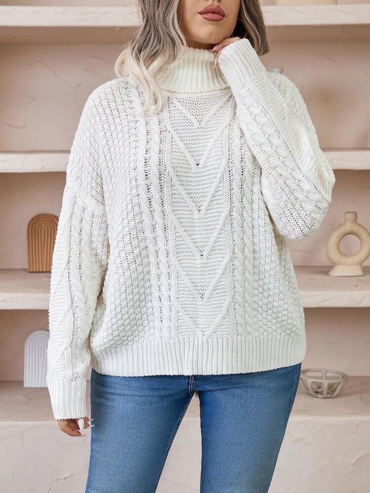 Plus Turtleneck Cable Knit Drop Shoulder Sweater Knit Pullover Fall Winter Sweater