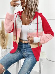 SHEIN LUNE Color Block Raglan Sleeve Drawstring Hooded Pointelle Knit Zipper Cardigan - Multicolor - View 1