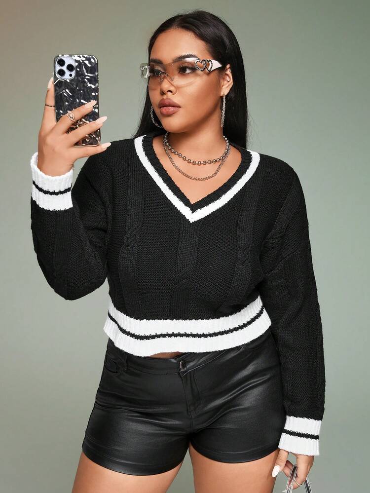 Plus Striped Trim Drop Shoulder Cricket Sweater