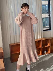 FRIFUL Solid Ruffle Hem Smock Dress,Fall Clothes - Khaki - View 7