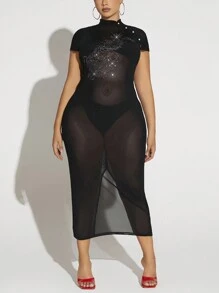 SHEIN SXY Kích thước lớn Của phụ nữ Mô hình rồng Lưới Viễn cảnh Nghệ Embellished Với Kim cương giả - màu đen - Xem 6