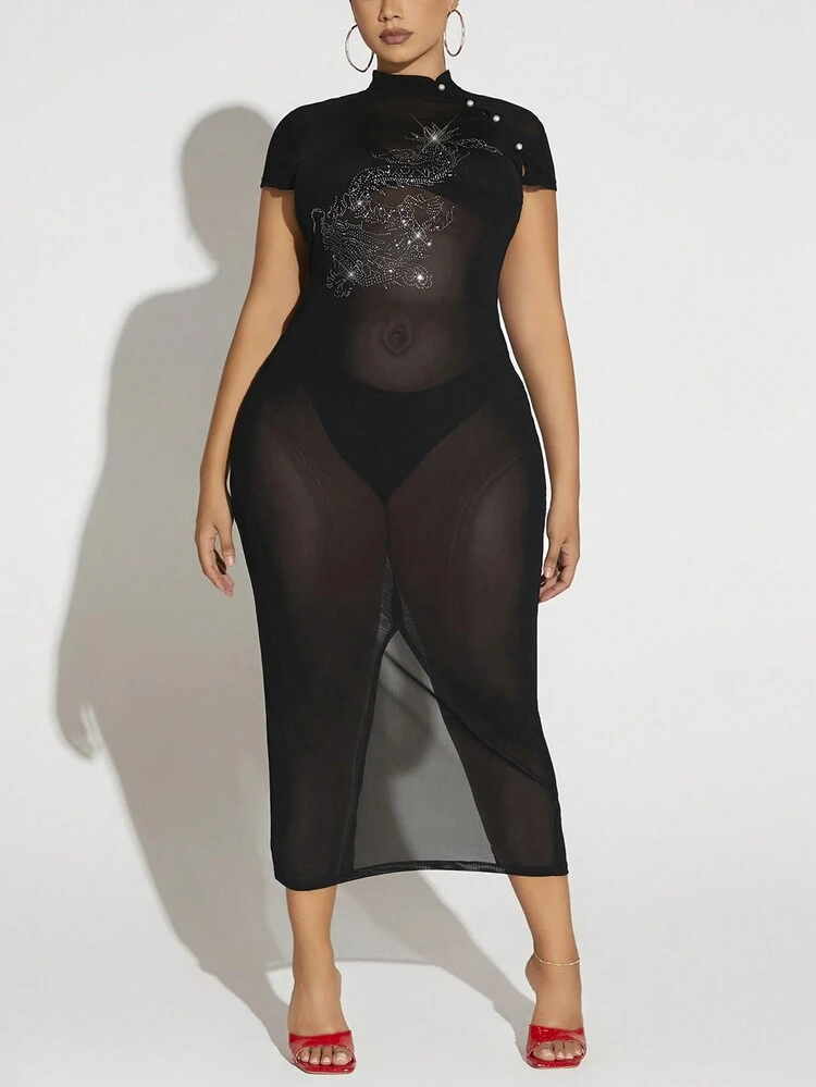 Plus Size Women's Dragon Pattern Mesh Perspective Dresses Embellished With Rhinestones