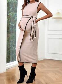 SHEIN Thai sản Tương phản ràng buộc Nút ven Váy Wrap Hem - Màu be - Xem 1