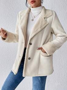 SHEIN Frenchy Cổ áo Lót Teddy áo - Màu be - Xem 3