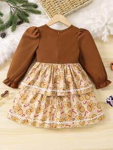 SHEIN Young Girl Christmas Print Bow Front Dress - Multicolor - View 2