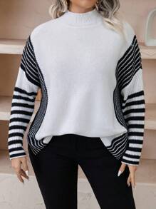 SHEIN LUNE 加條紋圖案小高領落肩毛衣 - 黑與白 - 查看 5