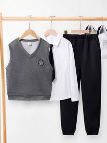 SHEIN Tween Boy Letter Patched Tank Top & Sweatpants & Shirt - Grey - View 1