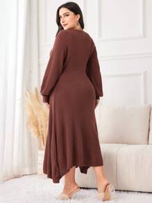 Mulvari Plus Lantern Sleeve Sweater Dress Fall Cloth For Women - Chocolate Brown - View 2