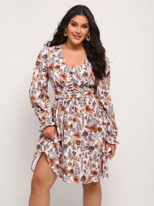 Anis Illustration 大碼印花喇叭袖洋裝 - 彩色 - 查看 1