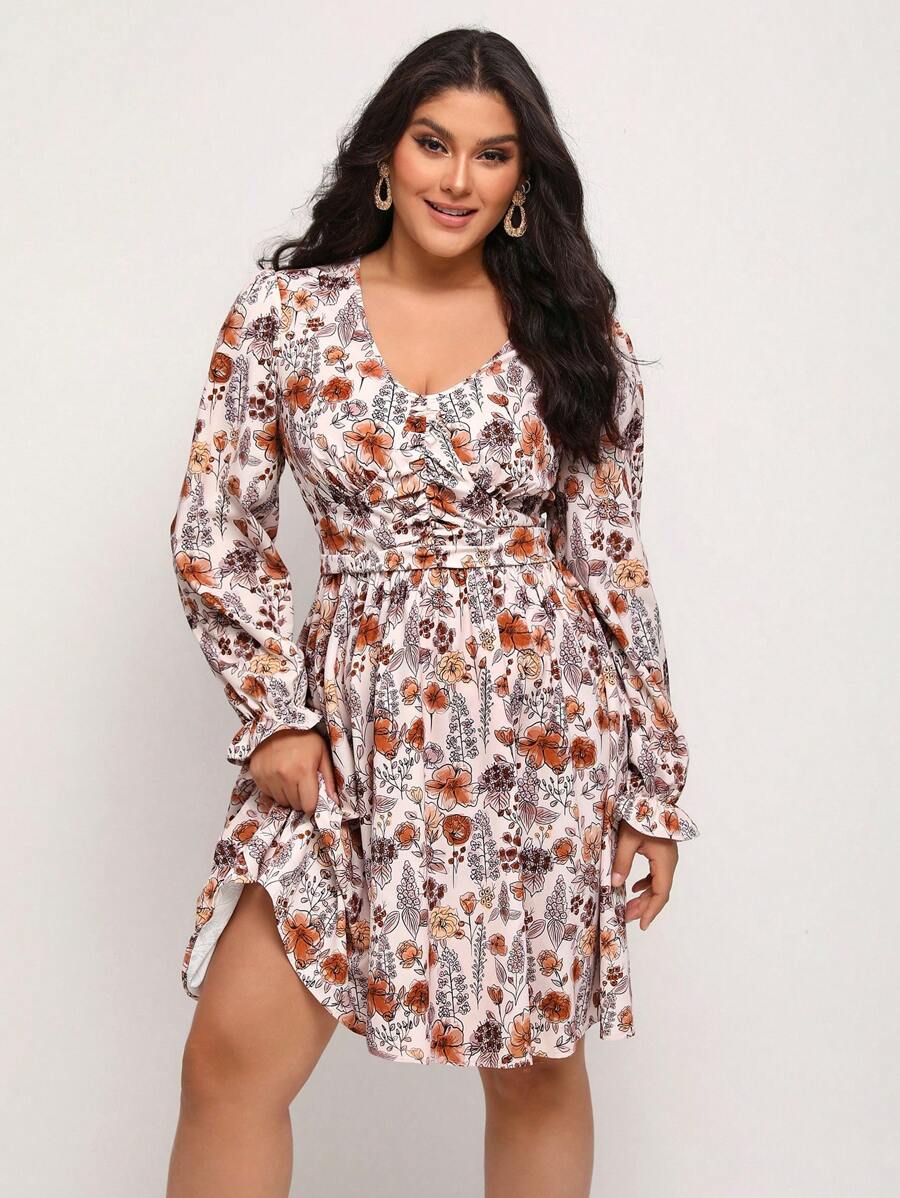 Anis Illustration 大碼印花喇叭袖洋裝 - 彩色 - 查看 1