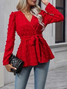 SHEIN Clasi Swiss Dot Surplice Neck Belted Blouse - Red - View 5