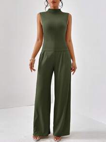Firerie Mock Neck Tank Top & Wide Leg Pants - Olive Green - View 5