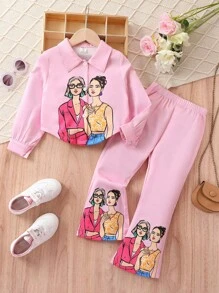 SHEIN Young Girl Figure Graphic Shirt & Flare Leg Pants