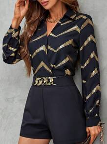 SHEIN LUNE 人字紋印花燈籠袖襯衫 - 黑色 - 查看 5