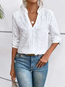 Calvaya Eyelet Embroidery Roll Up Sleeve Notched Neckline Shirt,Long Sleeve Tops Fall Cloth For Women - White - View 4
