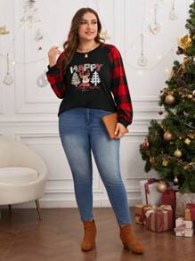 SHEIN LUNE Plus T-shirt Imprimé Noël Manches Raglan