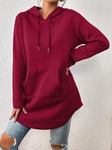 SHEIN Essnce Áo hoodie dây rút có túi Kangaroo - Màu Đỏ Sâu - Xem 5