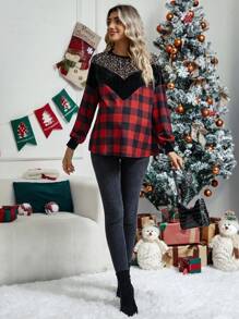 SHEIN Maternity Buffalo Plaid Print Contrast Sequin Drop Shoulder Sweatshirt, For Winter