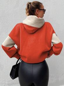 EURMUSE Letter Graphic Colorblock Kangaroo Pocket Drop Shoulder Drawstring Hoodie - Orange - View 2
