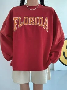 DAZY Letter Graphic Drop Shoulder Oversized Pullover,Fall Clothes Sweatshirt - Red - View 9