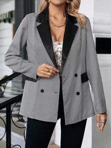 SHEIN Privé Gingham Print Double Breasted Blazer - Grey - View 3