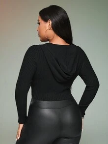 SHEIN ICON 大碼翻蓋口袋拉鏈開襟短款開衫 - 黑色 - 查看 3