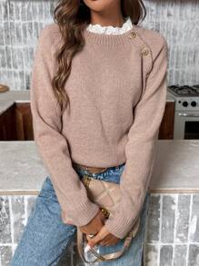 SHEIN Frenchy Guipure Lace Trim Raglan Sleeve Sweater - Dusty Pink - View 3