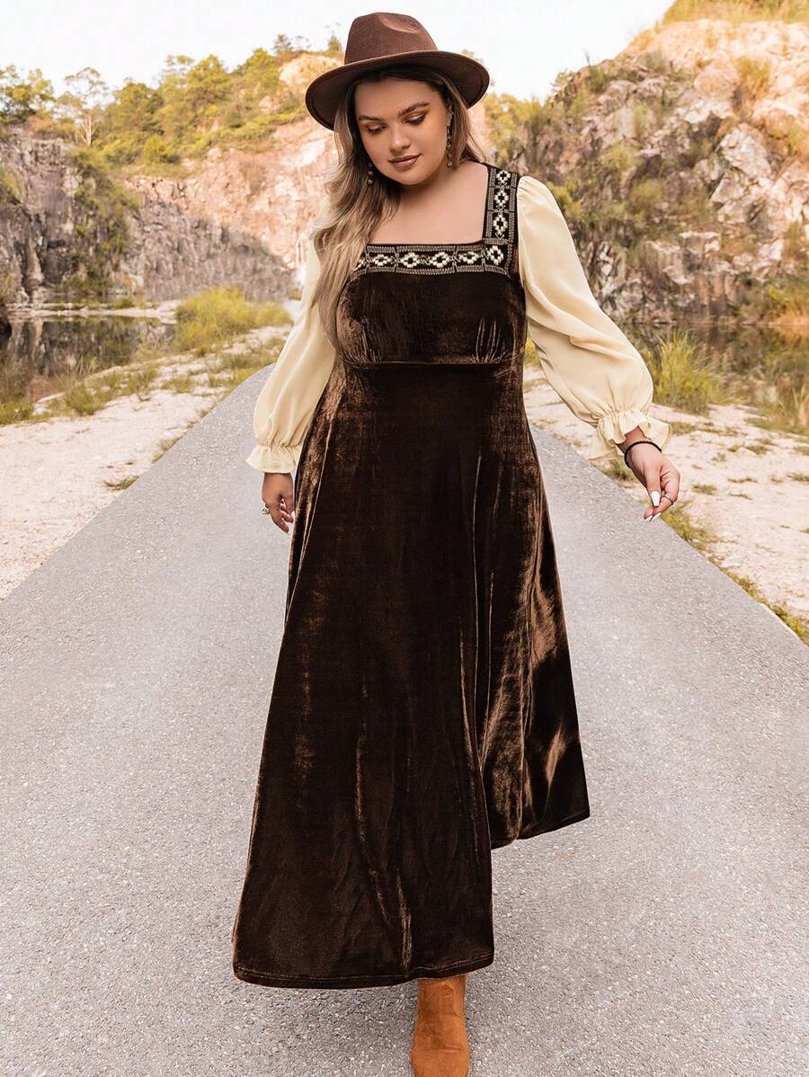 Rusttydustty Hơn In Địa lý Cổ vuông Tay áo lồng đèn Nhung Đầm - màu nâu - Xem 1