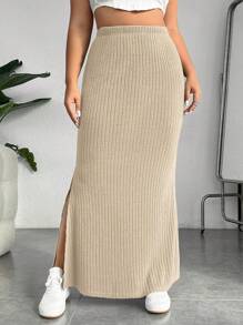 SHEIN EZwear Hơn Tách đùi Đồ đan Ribbed Váy - Màu be - Xem 1