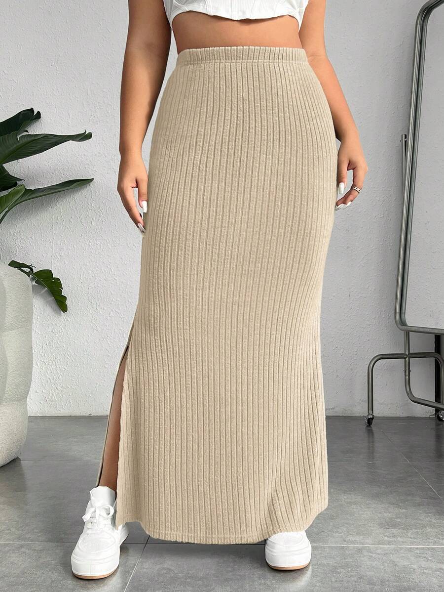 SHEIN EZwear Hơn Tách đùi Đồ đan Ribbed Váy - Màu be - Xem 1