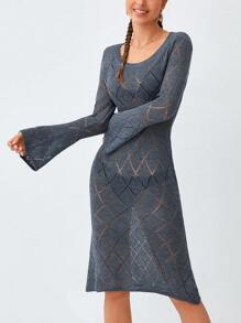Soleia Solid Pointelle Knit Sweater Dress Without Belt - Dusty Blue - View 3