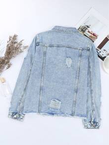 Rách Xén Thô Áo khoác denim - Màu xanh lam - Xem 6