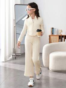 Tween Girls' Knitted Solid Color Jacquard Stand Collar Cardigan & Knitted Jumpsuit Set With Flare Pants - Apricot - View 4