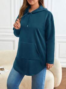 SHEIN Frenchy 加大码袋鼠口袋落肩抽绳卫衣 - 藍色 - 查看 6