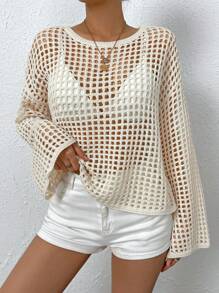 Breezaya Hollow Out Drop Shoulder Open Knit Sweater Without Bra,Long Sleeve Tops Knit Pullover Fall Winter Outfit - Apricot - View 6