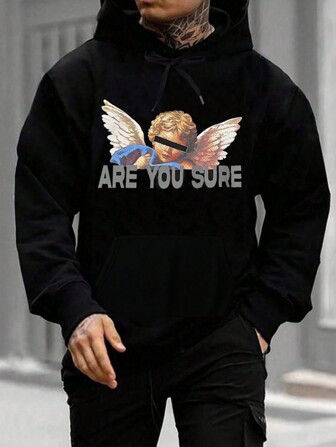 Manfinity Roughcore Felpa Con Cappuccio Da Uomo Con Stampa Grafica Con Angelo E Lettera, Vestibilità Ampia, Con Coulisse