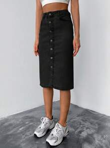 Cottnline Button Front Slant Pocket Button Up Pencil Skirt - Black - View 5