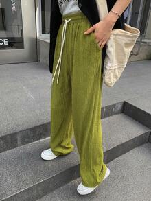 FRIFUL 純色抽繩腰闊腿褲 - 綠色 - 查看 6